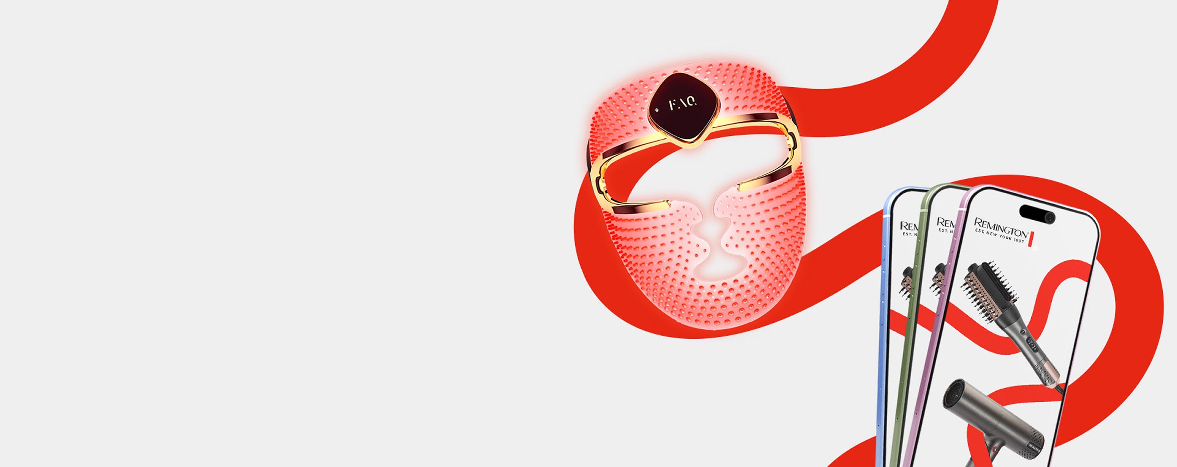 Maska LED Foreo FAQ i telefony iPhone 17 z produktami Remington